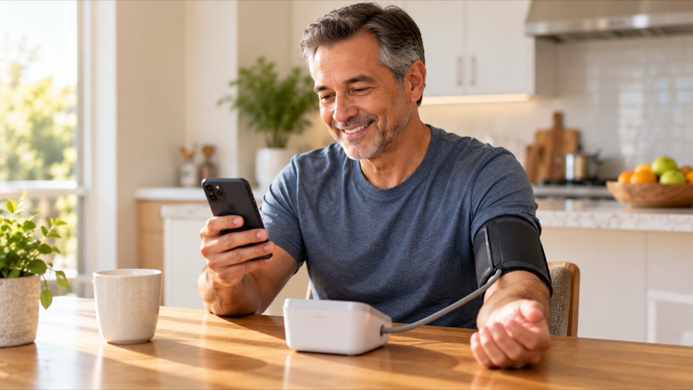 A smiling man checking his blood pressure at home with a cuff and his phone