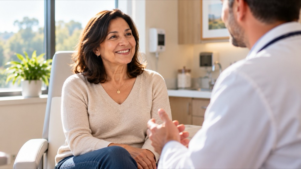 A smiling patient talking with a doctor in a bright clinic