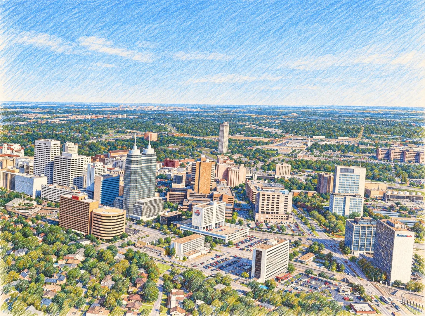 Illustrated aerial view of the Texas Medical Center skyline